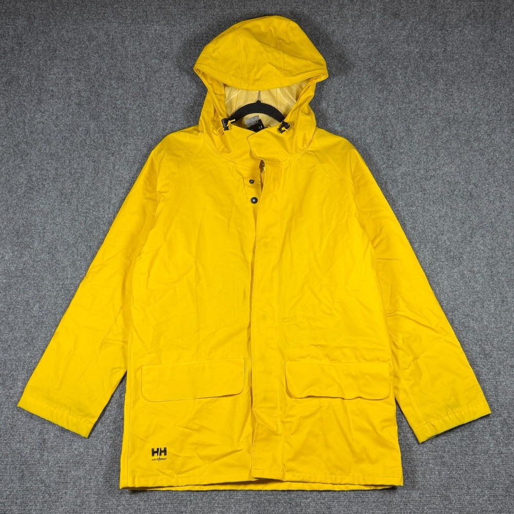 Helly Hansen Workwear Rain Jacket Mens Small Yellow Hooded Waterproof PVC Storm